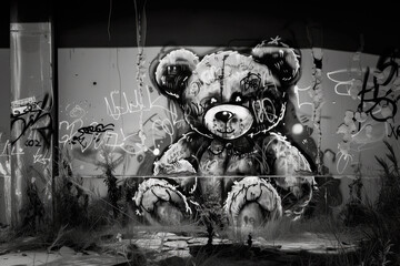 Teddy bear graffiti on a wall in street art style. Black and white photo