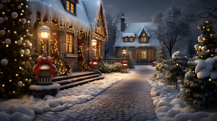 Fototapeta premium christmas house with decorations in the winter street in the evening