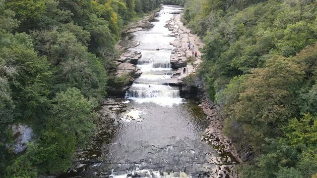 Drone view looking down over Aysgarth Waterfalls in North Yorkshire