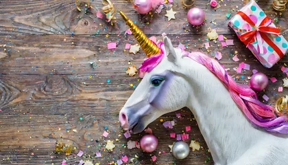 Fotobehang unicorn festive background party birthday wedding holiday concept flat lay top view copy space © Bryson