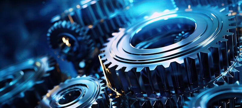 Close-up gears set against a blue-lit background, styled for commercial imagery, evoking industrial materials and engineering