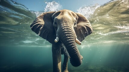 Swimming Elephant Underwater. African elephant in ocean with sunrays and ripples at water surface