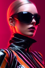 Captivating portrait of a woman in a reflective bodysuit with neon accents