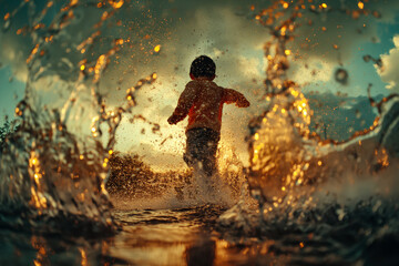 Obraz premium A child joyously jumping in puddles, their laughter and splashes a dance with nature's rhythms.