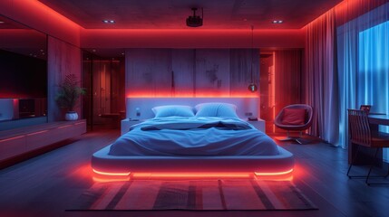 Interior design concept: A sleek futuristic smart bedroom featuring neon lighting, integrated technology, and modern minimalist furniture in a monochromatic palette