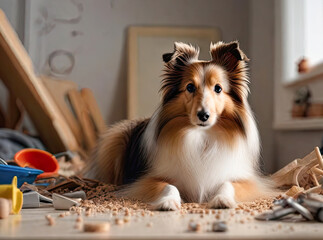 Cheerful shaggy purebred Shetland Sheepdog dog as a miniature collie among clutter and garbage