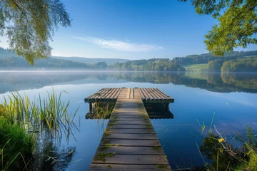 Fotobehang Serene lake with a wooden jetty in a tranquil forest setting © David