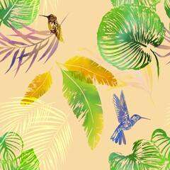 Fototapeta na wymiar Beautiful colibri, and palm leaves on yellow background. Exotic tropical seamless pattern. Watecolor stamps painting. Good for textiles, bed linens, towels.