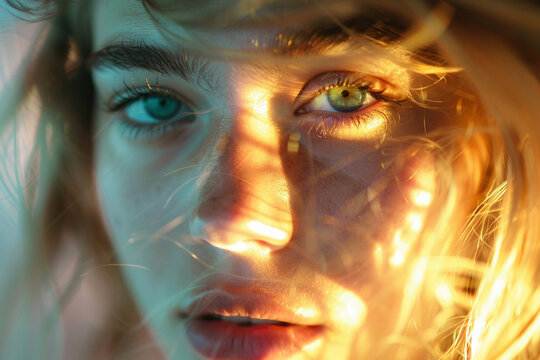 photograph of a person born under the zodiac sign Aries in good lighting, iridescent colors of golden light, light gray, light orange and light green, play of light and shadows Concept of astrologers.