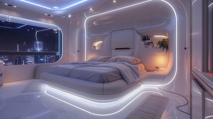 Interior design concept: A sleek futuristic smart bedroom featuring neon lighting, integrated technology, and modern minimalist furniture in a monochromatic palette