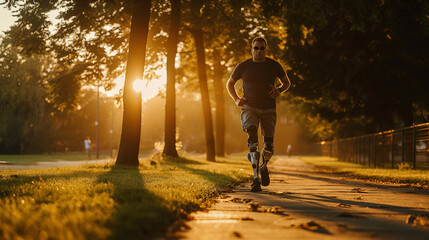 An individual with a prosthetic limb jogging in a park during sunrise, showcasing strength and determination. - obrazy, fototapety, plakaty