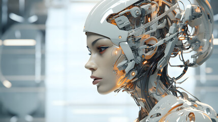 Fototapeta premium woman with cyborg head and techno face