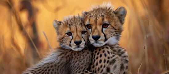 This photo captures the endearing bond between two cheetahs as they stand next to each other.