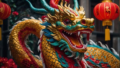 In a dazzling display of vibrant festivity, a majestic Chinese New Year dragon is captured in stunning detail.