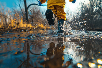 A child joyously jumping in puddles, their laughter and splashes a dance with nature's rhythms - obrazy, fototapety, plakaty