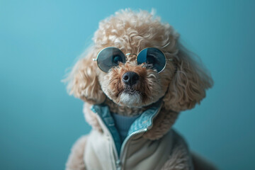 Poodle wearing clothes and sunglasses on Blue background