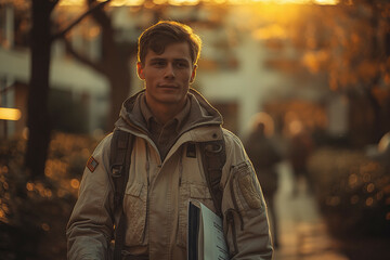 Fototapeta premium A vet returning to school, walking on campus with books in hand, ready to embrace new challenges and opportunities.