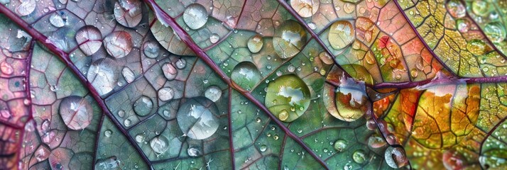 Macro shot of colorful plant with dew drops in detail - obrazy, fototapety, plakaty
