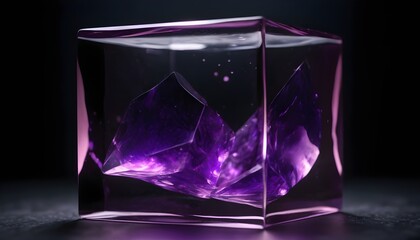Purple glass cube isolated on dark background, inner mountain like finiture
