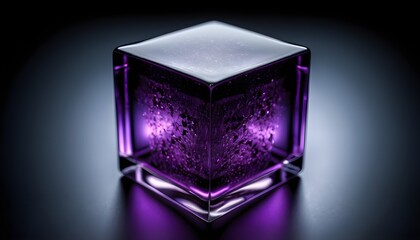 Purple glass cube isolated on dark background, geometrical pattern 