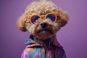 Poodle wearing clothes and sunglasses on Purple background