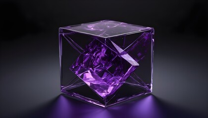 Purple glass cube isolated on dark background