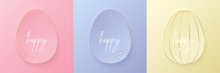 Set of pastel colored 3D egg shape frame design. Collection of geometric backdrop for easter product display, spring festival design, happy easter card, presentation, luxury banner, cover and web.