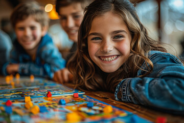 A family game night, with board games and puzzles spread out, faces animated with competition and camaraderie.