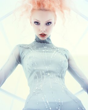 Avant-garde model with striking makeup in a high-contrast light tunnel