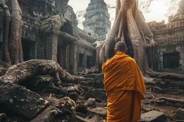 A person in orange robes observing an ancient temple intertwined with massive tree roots.
