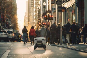 A delivery robot navigating a busy city sidewalk at sunset. - obrazy, fototapety, plakaty