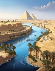 The Nile River with the pyramids in Egypt