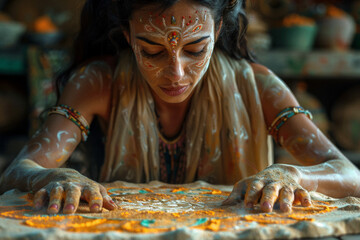 An artist creating intricate mandalas in sand, each grain a testament to the impermanence and beauty of life.