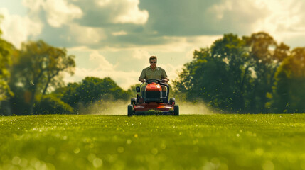 A landscaper operating a ride-on lawn mower