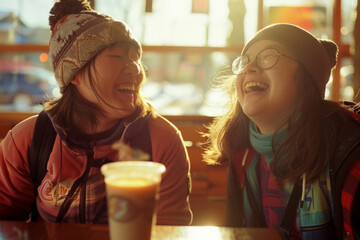 Two friends laughing and sharing a moment over coffee. - obrazy, fototapety, plakaty