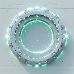 Futuristic circular platform in white metal with a green halo emitting light particles, game assets, on a white background