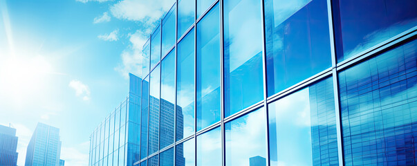 Blue glass on windows against blue sky. Skyscraper reflecting - obrazy, fototapety, plakaty