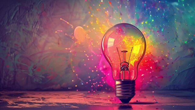 Lightbulb exploding with colorful ideas in slow motion