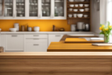 Empty Wooden Table with Kitchen Blurred Background