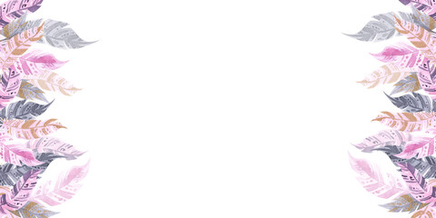 Horizontal banner with watercolor Ethnic pink tribal feathers for your business. Hand drawn illustration isolated on white