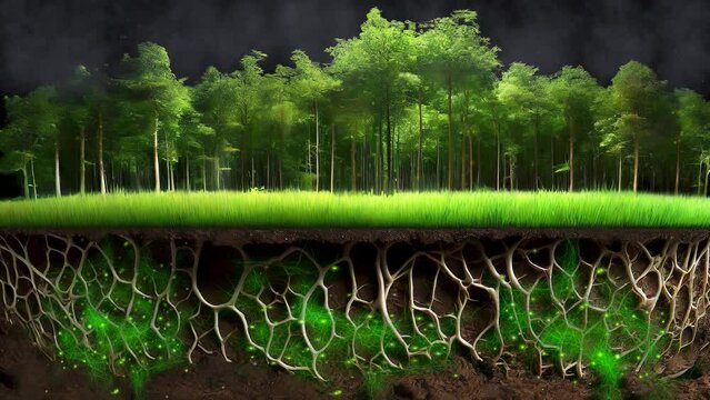 Mycelium network communication. Fungal root system underground. Trees and mycelium network, fungal root system. AI Image with applied 2 / 3d particle animation and clouds.