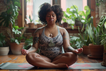 A plus-size yoga instructor demonstrating a pose