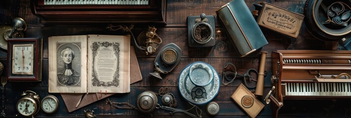 Vintage memorabilia with clocks, books, and musical instruments on wooden table