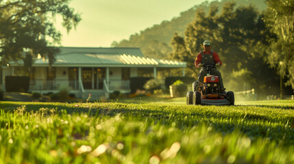 A landscaper operating a ride-on lawn mower - obrazy, fototapety, plakaty