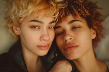 Obraz premium Two people, both expressing non-traditional gender identities, in a loving embrace, highlighting diversity in relationships.