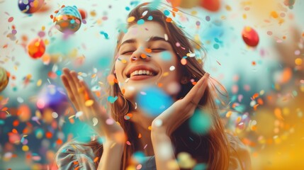 Fototapeta premium Happy woman with colourful confetti falling all around her as she smiles.