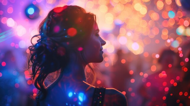 Woman in a crowd with bokeh background and foreground light particles.