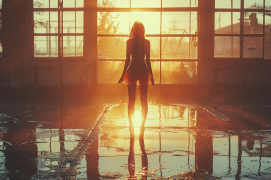 A ballet dancer practicing alone in a sunlit studio, their silhouette a study in grace and dedication.