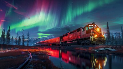 Fototapeta na wymiar A luminous train cuts through the night, its tracks mirroring the dancing northern lights in the sky, as it travels through a tranquil outdoor landscape