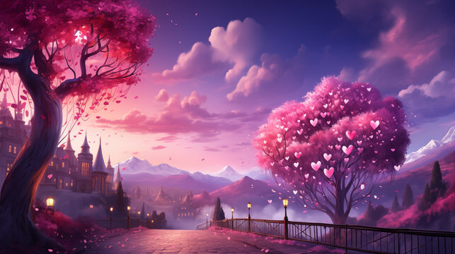 A fairytale landscape with pink trees adorned with heart leaves, against a twilight sky